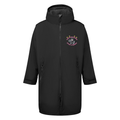 A black hooded winter jacket with a full front zipper, zippered hand pockets, and  embroidered logo on the left chest featuring the Longpark Legends logo.