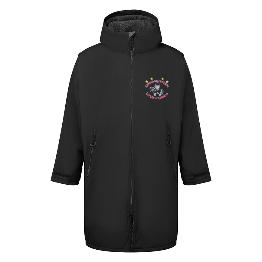 A black hooded winter jacket with a full front zipper, zippered hand pockets, and  embroidered logo on the left chest featuring the Longpark Legends logo.
