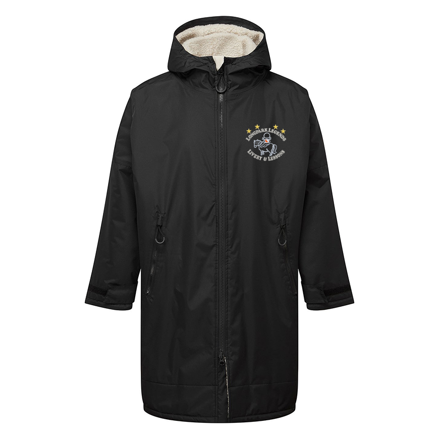 A black hooded winter jacket with a natural coloured hood, full front zipper, zippered hand pockets, and  embroidered logo on the left chest featuring the Longpark Legends logo.