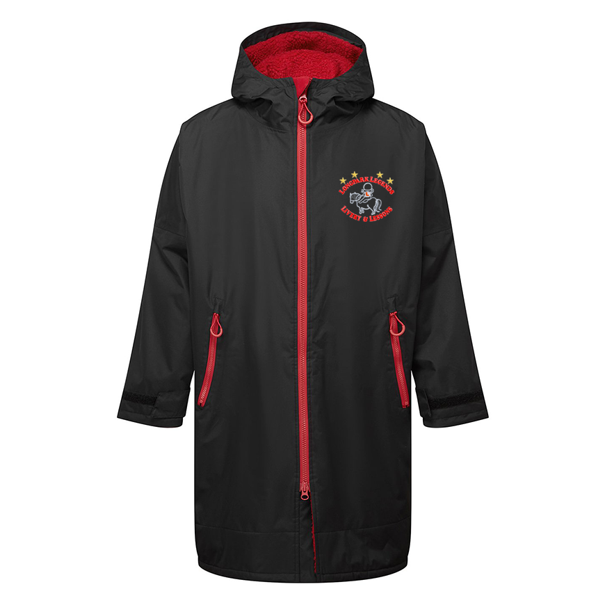A black hooded raincoat with a bright red fleece-lined hood, red zipper, and red zipper pulls, featuring the Longpark Legends logo.