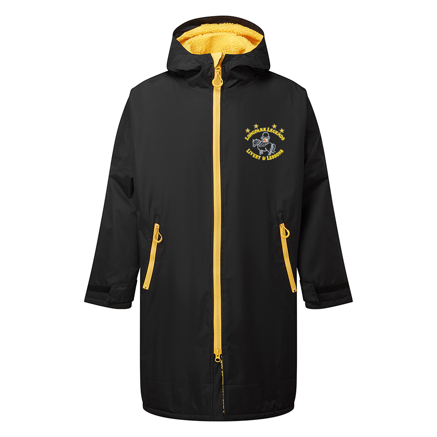 A black hooded raincoat with a bright yellow interior hood lining, yellow front zipper, yellow zipper pulls, and a yellow embroidered crest on the left chest. 