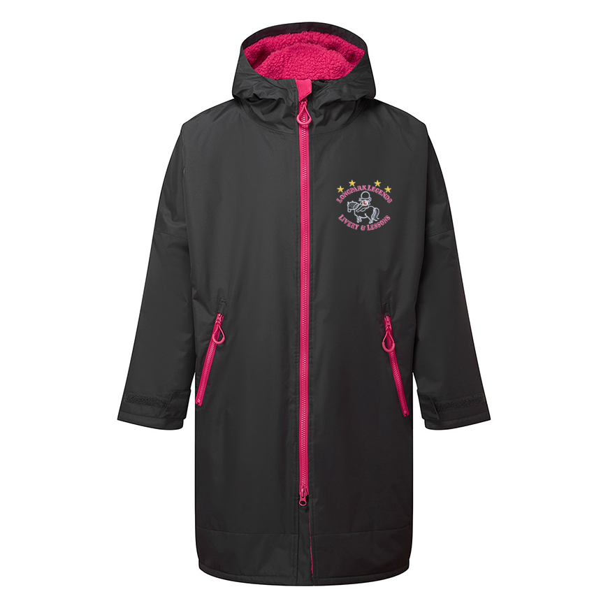 A black hooded raincoat with a bright pink fleece-lined hood, pink zipper, and pink zipper pulls, featuring the Longpark Legends logo on the left chest.