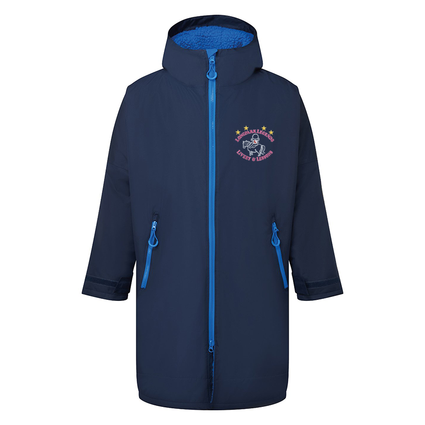 A navy blue hooded winter jacket with bright blue zippers and lining, featuring the Longpark Legends logo on the left chest.