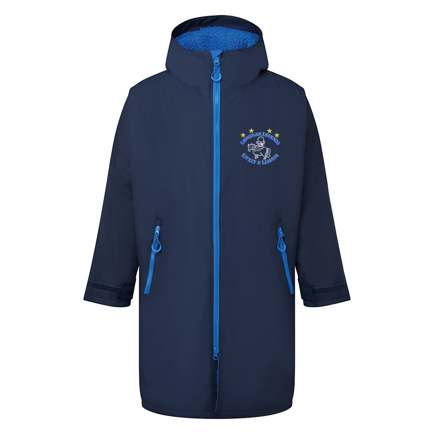 A navy blue hooded jacket with bright blue zipper and zipper pulls, featuring a blue version of the Longpark Legends logo on the left chest.
