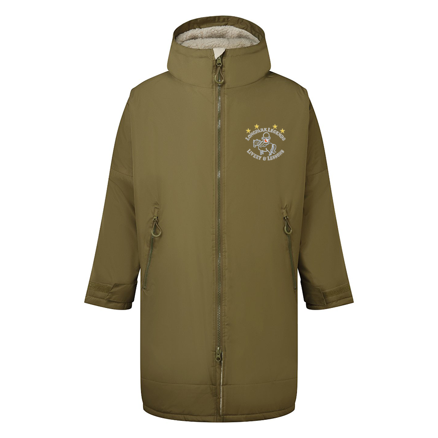 An olive green hooded winter parka jacket with a full front zipper, zippered hand pockets, and a circular embroidered logo on the left chest.