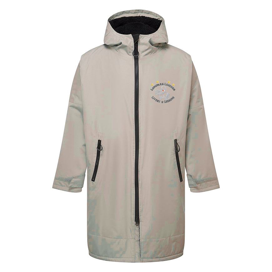 A stone hooded raincoat with a black front zipper and black interior lining, featuring the Longpark Legends logo on the left chest.